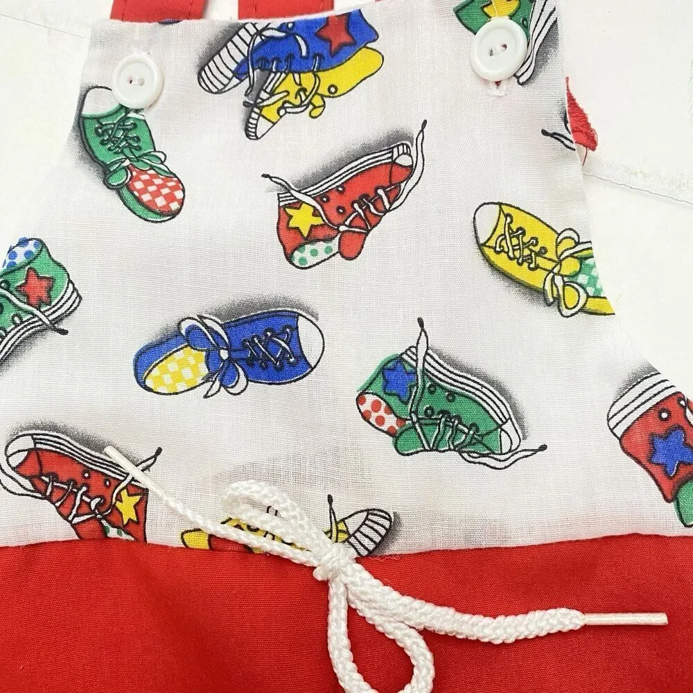 VTG Montgomery Ward Lightweight Red Shortalls Romper  12 Months Shoe Print